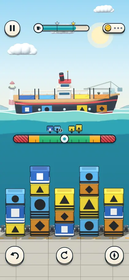 A cartoon cargo ship moored at a harbour, sitting level, with stacks of coloured crates waiting on the dock below.