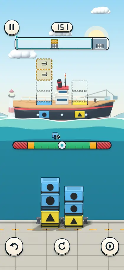 Animation: the sky over the harbour darkens as the wind forecast advances, and the loaded ship heels further over.