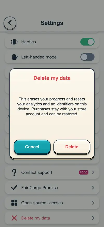 The in-game Settings screen with the Delete my data confirmation dialog open, offering Cancel and Delete buttons.