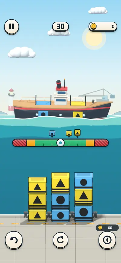 A level in play: a ship floating level above a red, green and yellow tilt meter, with three crate stacks waiting on the dock.