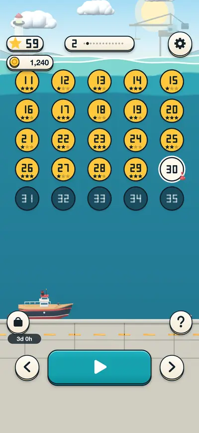The harbour map screen: a grid of numbered level buttons over the sea, with a small ship at the bottom and a coin balance at the top.